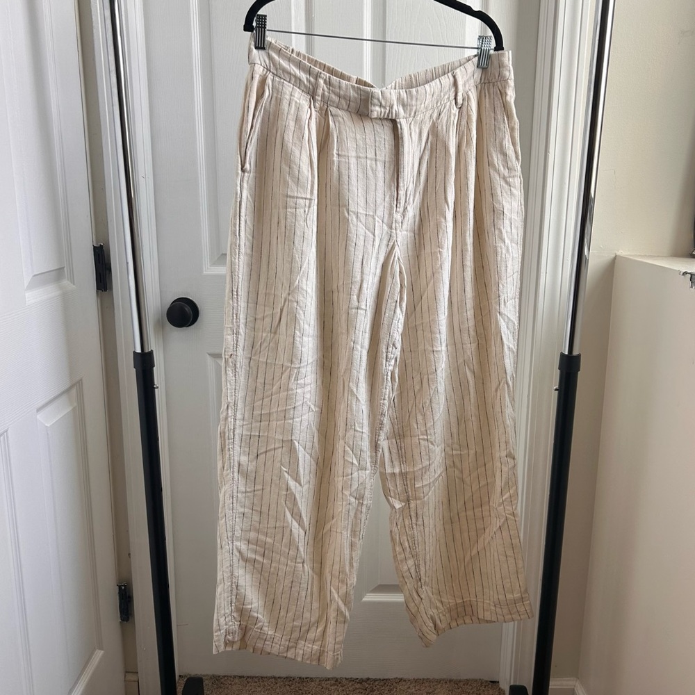 Linen Blend Cream Pinstripe Wide Leg Pants